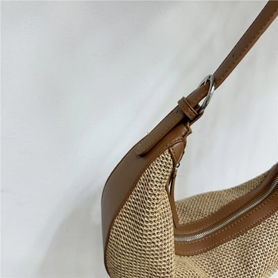 夏季拼接草編包 時尚通勤月牙單肩斜背包5