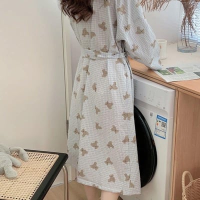 日式和服小熊格子純棉睡袍5