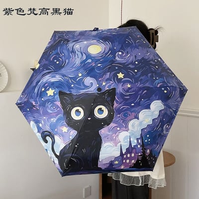 油畫系列可愛貓咪傘 UPF50+黑膠防曬 五折迷你口袋傘7