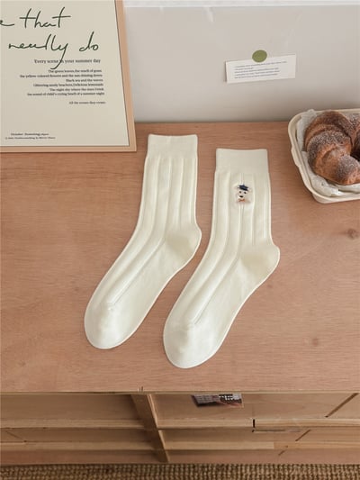 治癒系小狗刺繡寬條紋棉襪 可愛雪納瑞造型溫柔堆堆襪4雙組6