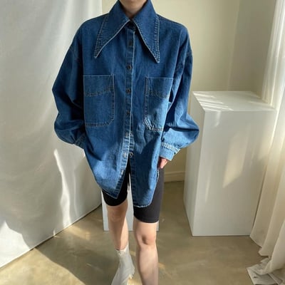 復古尖尖領大口袋水洗藍牛仔襯衫2