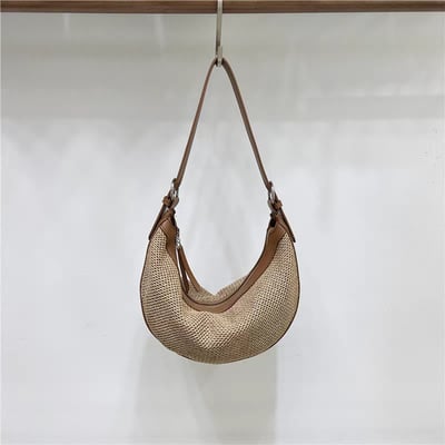 夏季拼接草編包 時尚通勤月牙單肩斜背包2