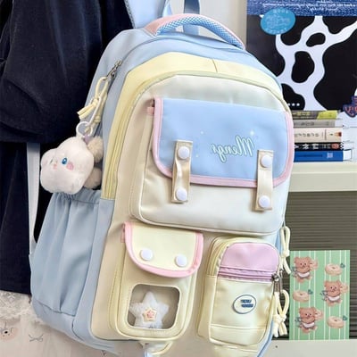 日系甜美拼色雙肩包 高顏值軟萌大容量書包背包4