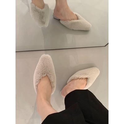 冬季毛絨法式粗跟包頭半拖鞋  現貨棕色392