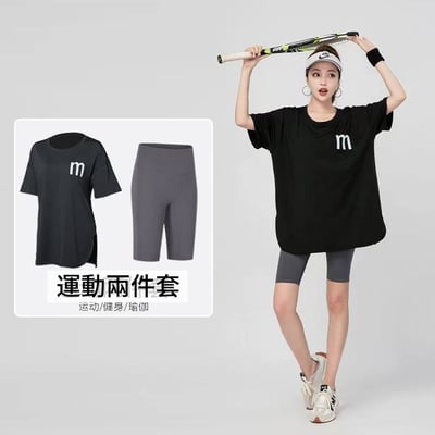 真的太懂我們的 夏季寬鬆大尺碼運動中長版 短袖健身瑜珈服兩件套裝6
