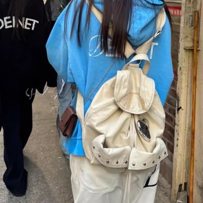 韓系百搭大容量後背包 手感帆布鉚釘原創設計抽繩包7