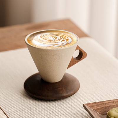 北歐 中古風創意陶瓷咖啡杯 手工哑光質感木托設計師款咖啡杯組2