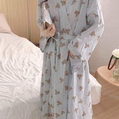 日式和服小熊格子純棉睡袍1
