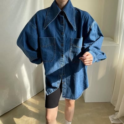 復古尖尖領大口袋水洗藍牛仔襯衫3