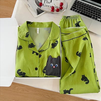 綠色萌貓口袋俏皮黑貓睡衣套裝2