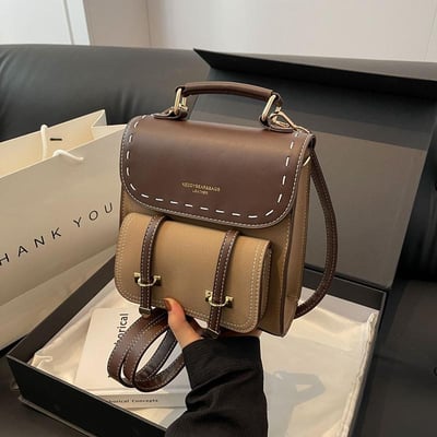 優質歐美款復古撞色設計雙肩包 質感PU百搭小書包風背包8