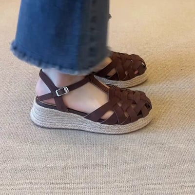 2026夏季新款法式編織包頭涼鞋  厚底增高羅馬鞋1