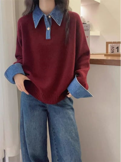 冬季新款Polo領牛仔拼接針織上衣 高級感假兩件針織衫6
