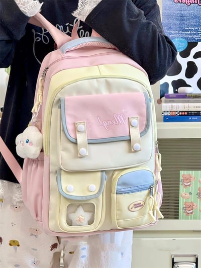 日系甜美拼色雙肩包 高顏值軟萌大容量書包背包12
