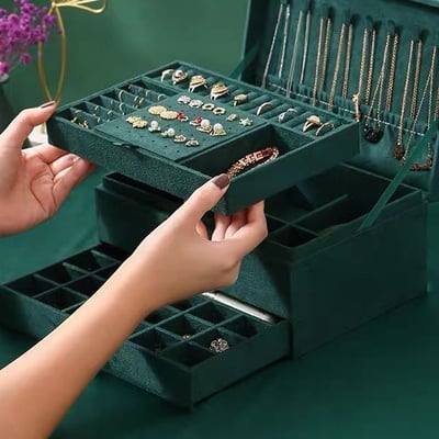 升級三層麂皮絨帶鎖精緻首飾珠寶盒2