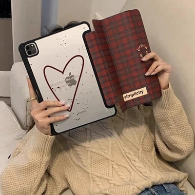 Be good 紅格紋三折式潑墨愛心iPad平版保護套2