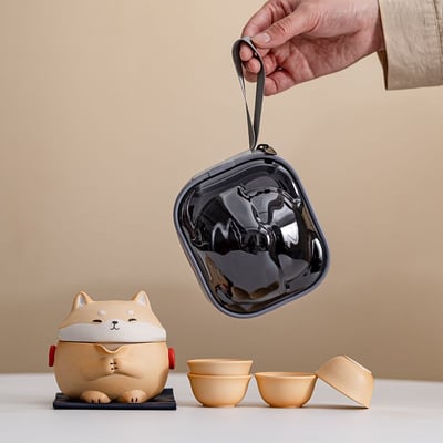 療癒柴犬隨身杯茶具組 一壺四杯  戶外旅行隨身泡茶組5