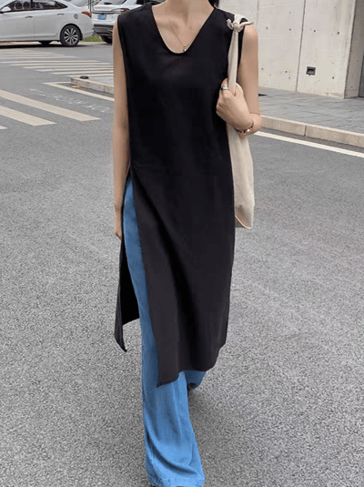 棉麻V領開衩無袖連身裙4