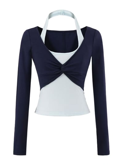 氣質撞色假兩件掛脖 修身顯瘦長袖運動T恤4