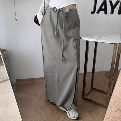 韓系復古感側開叉長裙 高腰顯瘦・慵懶百搭半身裙5