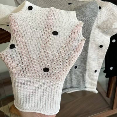 夏季薄款網眼 波點點卷邊中筒襪4雙組3