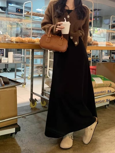 冬季溫柔風格加絨鬆緊帶長裙4