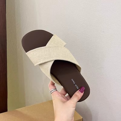 夏季新款交叉帶亞麻平底拖鞋3
