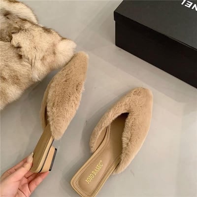 冬季毛絨法式粗跟包頭半拖鞋  現貨棕色391