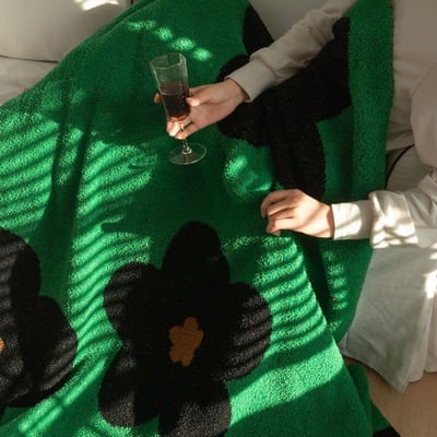 北歐風半邊絨太陽花圖案舒適毛毯被3