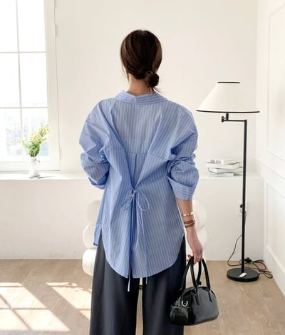 韓系秋季新款後背開叉繫帶條紋襯衫5