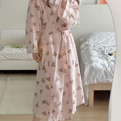 日式和服小熊格子純棉睡袍4