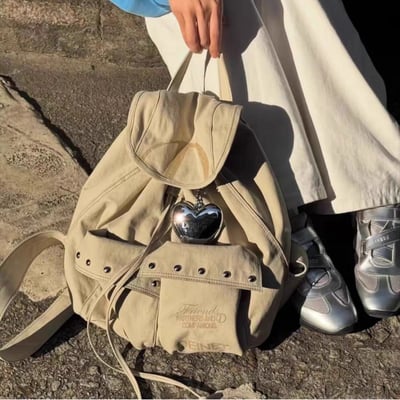 韓系百搭大容量後背包 手感帆布鉚釘原創設計抽繩包3