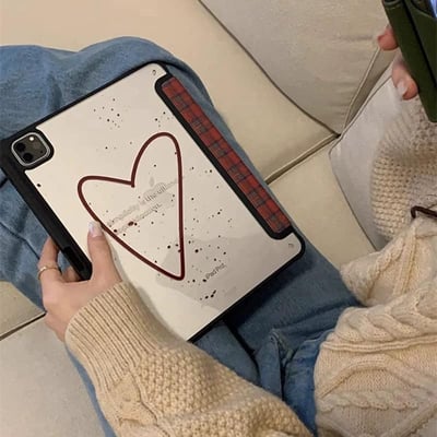Be good 紅格紋三折式潑墨愛心iPad平版保護套4