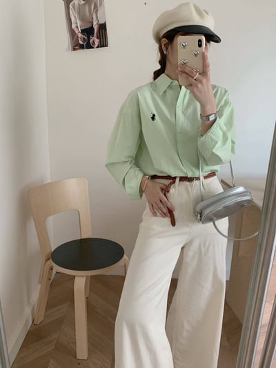 韓系法式小馬刺繡多色百搭長袖襯衫3