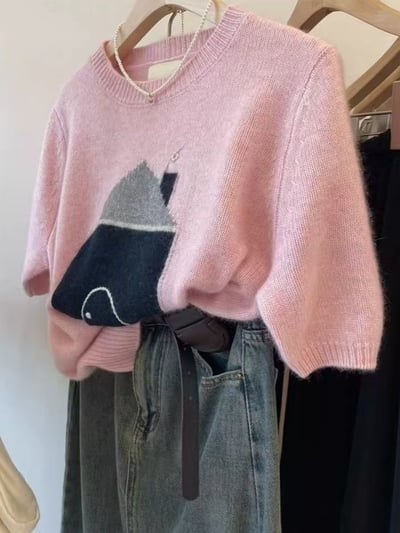 溫柔感爆棚！小屋插畫短袖針織毛衣4