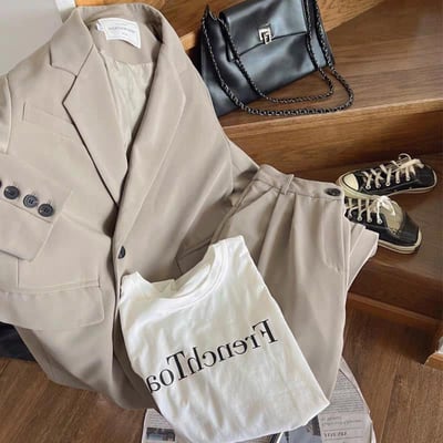 韓系春秋季老錢風 灰色寬鬆西裝兩件套裝2