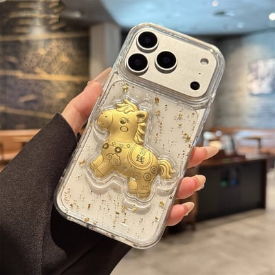 新年招財必備 金箔滴膠小馬馬上有錢蘋果系列透明手機殼4