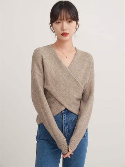 法式交叉V領顯瘦針織上衣2