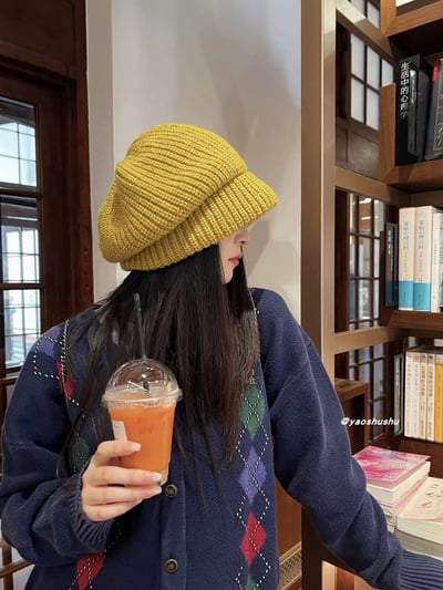 純色大頭圍水母毛線堆堆帽4