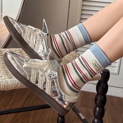 秋冬新款 ins撞色條紋堆堆襪中筒襪5雙組2