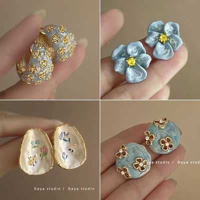 浮雕霧霾藍 法式復古滴釉玫瑰花朵耳環4入組1