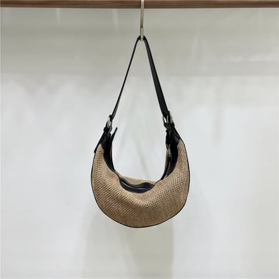 夏季拼接草編包 時尚通勤月牙單肩斜背包3