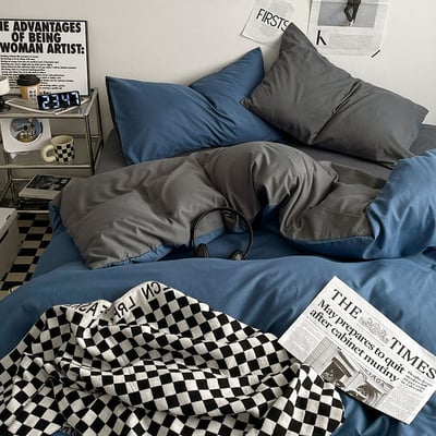 寶藍灰雙拼色 秋季新色系水洗棉四件床包組1