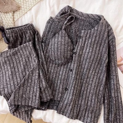 春秋條絨紋材質舒適家居三件套2