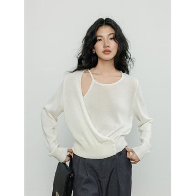 秋季新款極簡風寬鬆長袖上衣 解構設計針織衫7