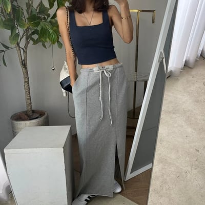 韓系復古感側開叉長裙 高腰顯瘦・慵懶百搭半身裙2