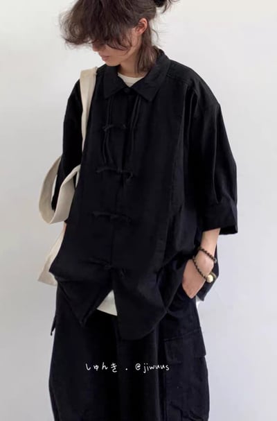 夏季新中式復古盤扣襯衫 純色寬鬆唐裝 男女國風短袖上衣6