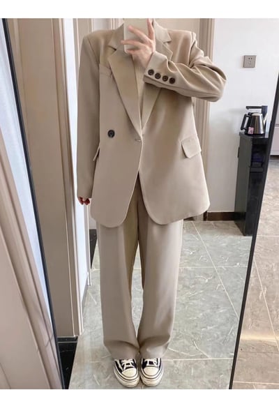 韓系春秋季老錢風 灰色寬鬆西裝兩件套裝6