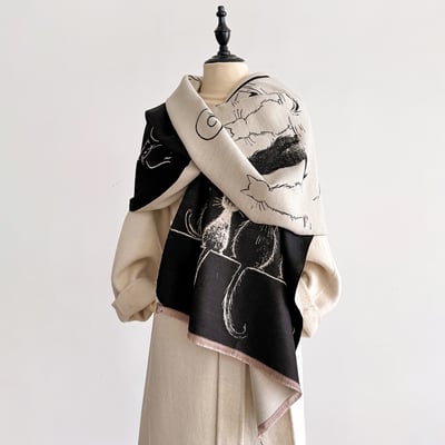 秋冬歐款小貓圖騰雙面仿羊絨感圍巾3