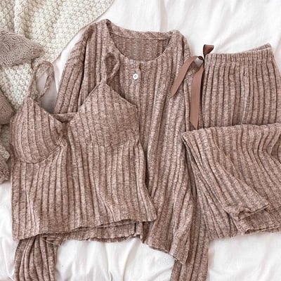 春秋條絨紋材質舒適家居三件套8